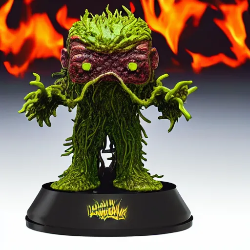 Image similar to funko pop doll of a terrifying lovecraftian giant mechanized melting swamp thing on fire taken in a light box with studio lighting, high detail, some background blur