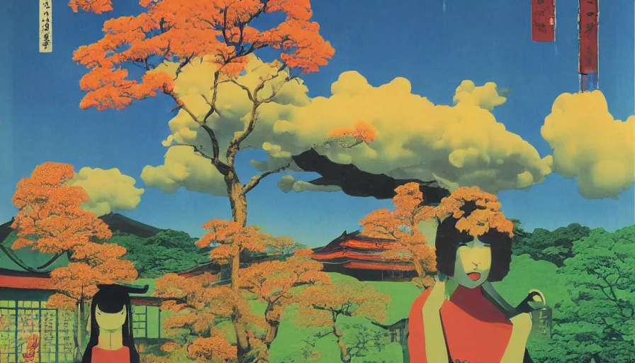 Image similar to Japan rural splendor travel and tourism c2050, surrealist psychedelic photo-collage painting in the style of Newsweek magazine, +81 magazine, Magritte, Roger Dean, Yoshio Awazu, vivid color