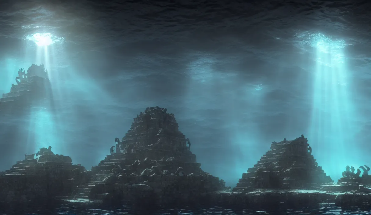 Image similar to low ultrawide shot, dark, underwater statues, submerged pre - incan temple with carvings, abyss, stylized, anime style mixed with fujifilm, detailed gouache paintings, crepuscular rays, dark, murky, foggy, atmospheric, artstation, cgsociety, unreal engine 5, octane render