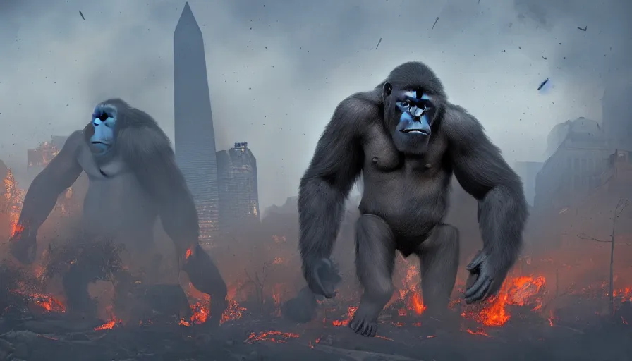 Image similar to giant gorilla destroying washington dc, fire and ashes, debris, collapsed buildings, smoke columns, hell on earth, apocalypse, army, hyperdetailed, artstation, cgsociety, 8 k