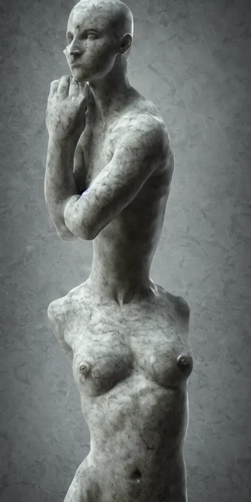 Image similar to weird marble statue close up in a dark room, creepy and eerie athmosphere, mist, godrays, photorealistic, hd,