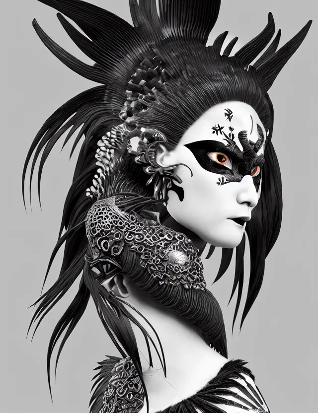 Image similar to 3 d goddess close - up profile simple portrait punk with mohawk with goat skull. beautiful intricately detailed japanese crow kitsune mask and clasical japanese kimono. betta fish, jellyfish phoenix, bio luminescent, plasma, ice, water, wind, creature, artwork by tooth wu and wlop and beeple and greg rutkowski