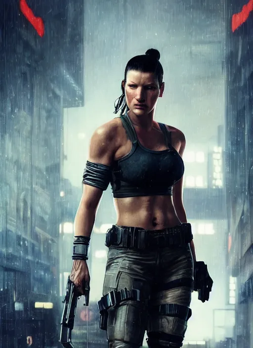 Prompt: gina carano. cyberpunk mercenary in a military vest ( blade runner 2 0 4 9, cyberpunk 2 0 7 7 ). orientalist portrait by john william waterhouse and james gurney and theodore ralli and nasreddine dinet, oil on canvas. cinematic, hyper realism, realistic proportions, dramatic lighting, high detail 4 k