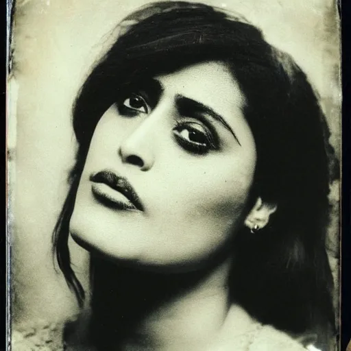 Prompt: old photo of selma hayek, daguerrotype, tintype, dirty. faded. old photograph, polaroid, highres, wet plate collodion,