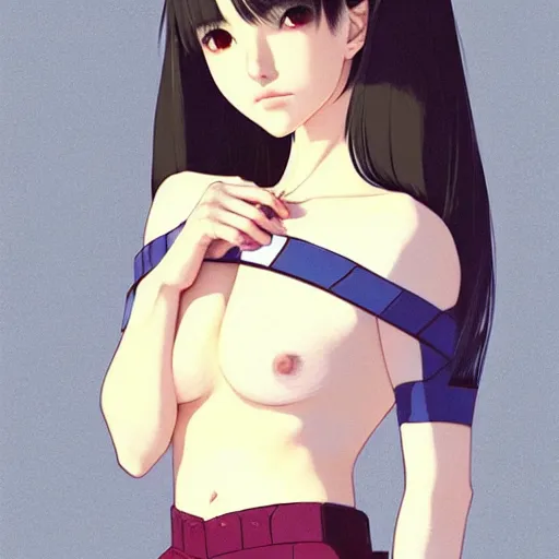 Image similar to a beautiful young japanese natalie portman alluring gravure model in crop top, large chest, by ilya kuvshinov and artgerm, aesthetic, gorgeous, alluring, attractive, gapmoe yandere grimdark, trending on pixiv fanbox, painted by greg rutkowski makoto shinkai takashi takeuchi studio ghibli, akihiko yoshida