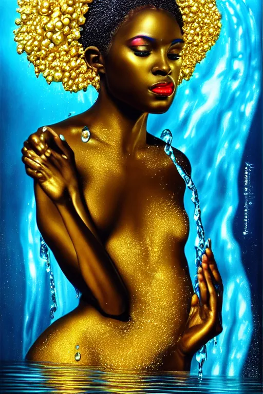 Prompt: hyperrealistic precisionist cinematic profile very beautiful! black oshun goddess, dancing in water!, mirror dripping droplet!, gold flowers, highly detailed face, digital art masterpiece, smooth eric zener cam de leon, dramatic pearlescent turquoise light on one side, low angle uhd 8 k, shallow depth of field