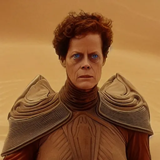 Image similar to Sigourney Weaver as a Fremen in Dune, realistic, detailed