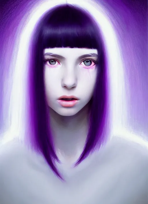 Image similar to hair whitebangs hair, black hair, whitebangs, portrait of teenage girl with white bangs, red irises, purple clothes, white bangs, bangs are different color from hair, intricate, elegant, glowing lights, highly detailed, digital painting, artstation, concept art, smooth, sharp focus, illustration, art by wlop, mars ravelo and greg rutkowski