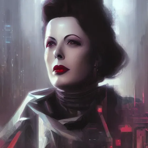 Image similar to young hedy lamarr, neuromancer, cyberpunk, high detail, dramatic light, digital art, dark, promotional art painted by seb mckinnon and greg rutkowski, trending on artstation