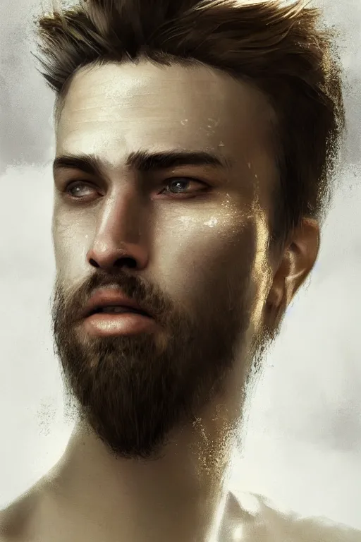 Image similar to blonde wild hair beard man, black eye - patch, close - up portrait, plain white tshirt, powerfull, intricate, elegant, volumetric lighting, scenery, digital painting, highly detailed, artstation, sharp focus, illustration, concept art, ruan jia, steve mccurry