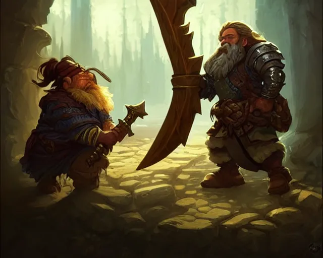 Image similar to dwarf inspecting his axe, deep focus, d & d, fantasy, intricate, elegant, highly detailed, digital painting, artstation, concept art, matte, sharp focus, illustration, hearthstone, art by artgerm and greg rutkowski and alphonse mucha