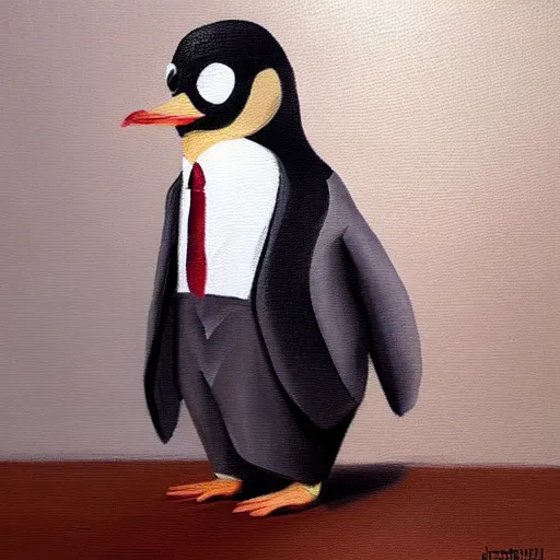 Prompt: oil painting, a developer penguin in a suit, intricate, masterpiece, artstation, stunning