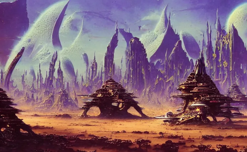 Image similar to finely detailed photorealistic alien empire by bruce pennington
