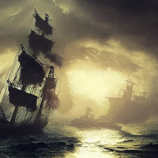 Prompt: detailed pirate ship made out of feathers by greg rutkowski, enigmatic atmosphere, beautiful and cinematic lighting, artstation hq.