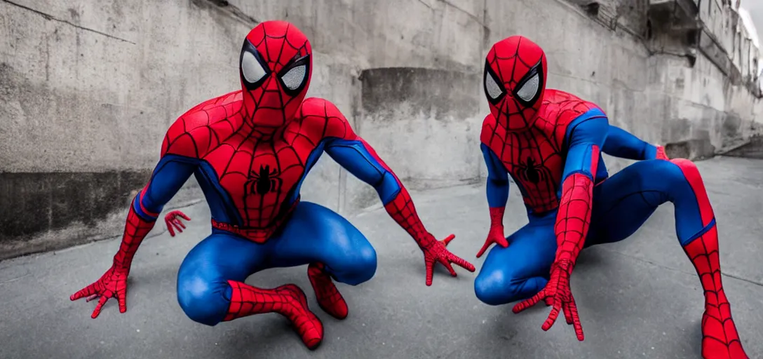 Image similar to Gigachad as Spider-Man, film still, wide-shot, full shot, cinematic lens, heroic portrait