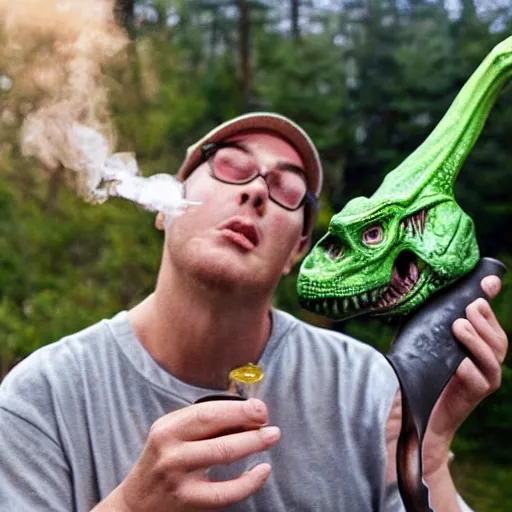 Image similar to dinosaur exhaling a hit from his dino bong