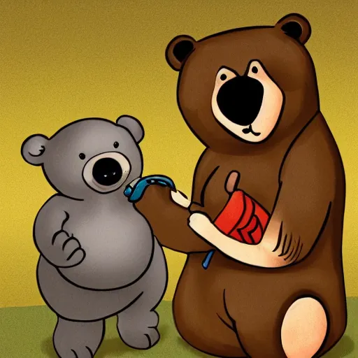 Image similar to bear playing with a baby human doll. cartoon. digital art. high quality. high fidelity