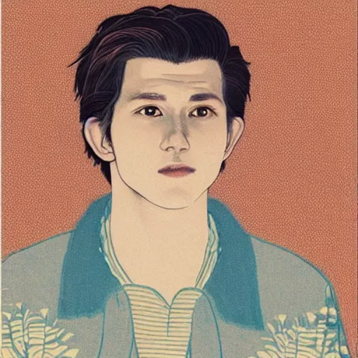 Image similar to “ tom holland portrait by ikenaga yasunari and ayana otake and ko rakusui, 6 0 s poster, drawing, realistic, sharp focus, japanese, dreamy, nostalgia, faded, golden hues, floral clothes ”