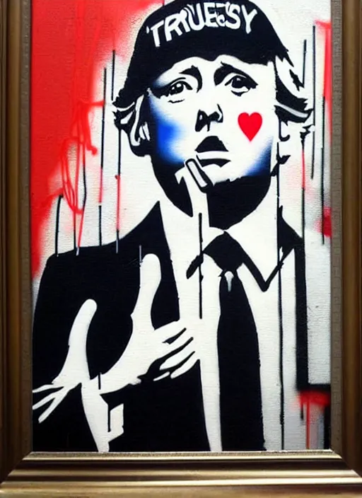 Image similar to banksy trump graffiti art on canvas