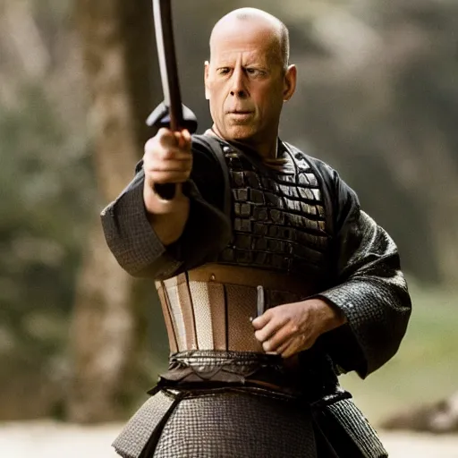Image similar to Bruce Willis as samurai , film still,