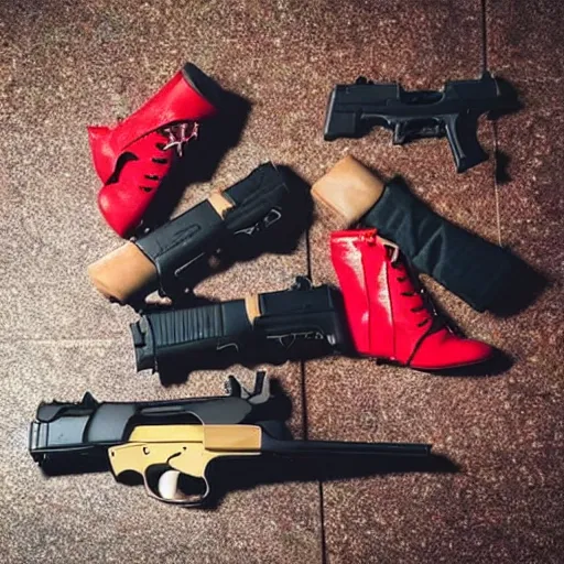 Prompt: 4 people, some guns, reality is collapsing, what the hell is this? red shoes, and some vegan food