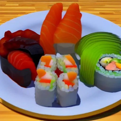 Image similar to seafood sushi, gummy sushi, 3d unreal engine, gelatin, jelly sushi