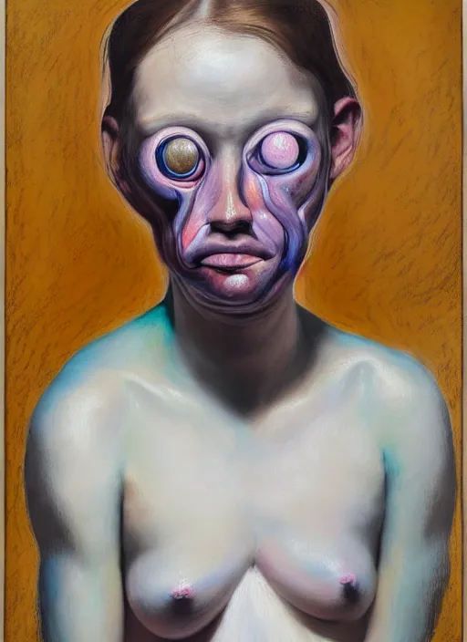 Prompt: a strange, biomorphic painting of a woman with large eyes, in pastel colours in the style of jenny saville, in the style of charlie immer, highly detailed, emotionally evoking, head in focus, volumetric lighting, oil painting, timeless disturbing masterpiece