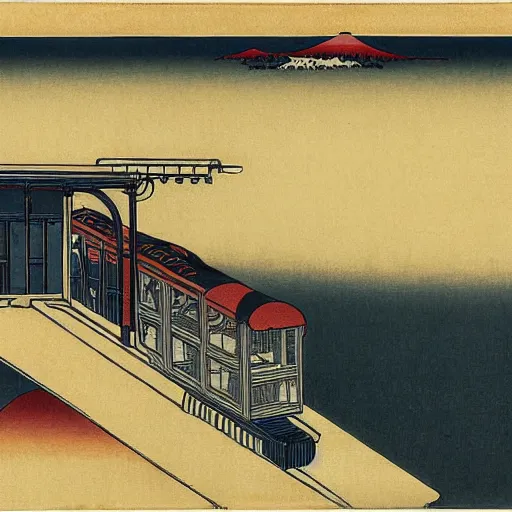 Prompt: train, painting by hokusai