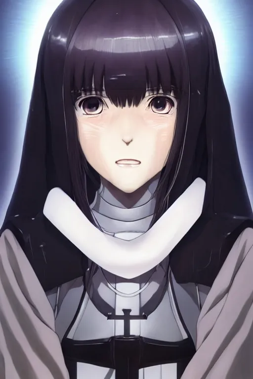 Image similar to portrait Anime cyborg girl in nun clothes, holy church Warhammer 40000, cute-fine-face, white-hair pretty face, realistic shaded Perfect face, fine details. Anime. realistic shaded lighting by Ilya Kuvshinov katsuhiro otomo ghost-in-the-shell, magali villeneuve, artgerm, rutkowski, WLOP Jeremy Lipkin and Giuseppe Dangelico Pino and Michael Garmash and Rob Rey