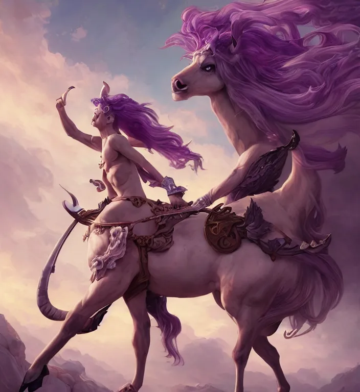 Image similar to a majestic female centaur with white wings and with a horn on the forehead and purple hair and elf ears, backlit, strong rim light, highly detailed, digital painting, by Alvaro Castagnet + Peter Mohrbacher + Dan Mumford + vivid colors + high contrast, 8k resolution, intricate, photorealistic, smooth