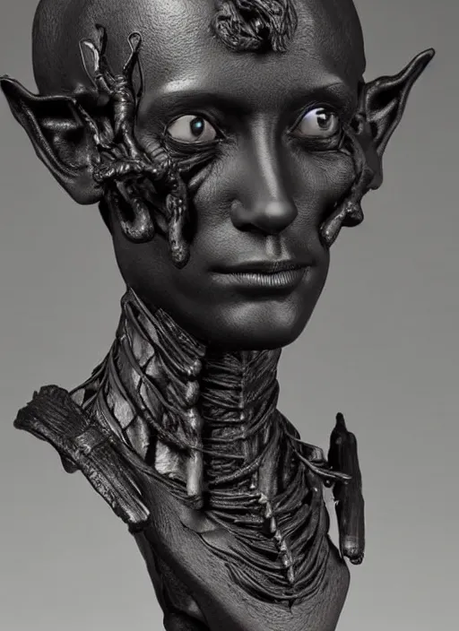 Image similar to a bust sculpture of anatomical detailed fantasy elvish character, very dark black skin, very beautiful, high forehead, high cheekbones, stylized, ceramic base, orthographic, studio lighting