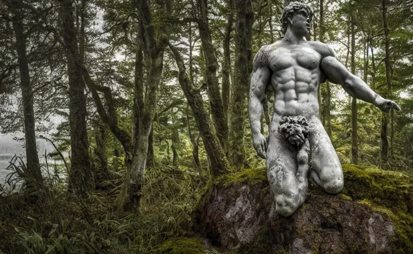 Image similar to a mossy greek marble statue of a very muscular man abandoned in the middle of a forest near a lake at sunset, concept art, godrays, complementary colors, calm, relaxing, beautiful landscape, highly detailed, high quality, 4k HDR, path tracing, serene landscape, high coherence, soft lighting