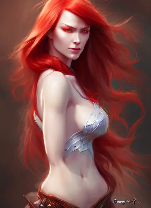 Image similar to d & d concept art of gorgeous woman with half white half red hair in the style of stefan kostic, realistic, half body shot, sharp focus, 8 k high definition, insanely detailed, intricate, elegant, art by stanley lau and artgerm, foggy backgeound, fantasy