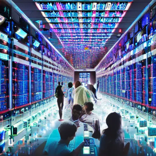 Image similar to diverse groups of humans destroying the supercomputer breaking circuits, from behind, rebirth, beauty, wide angle, elaborate, wet, highly detailed, colors, beautiful lighting