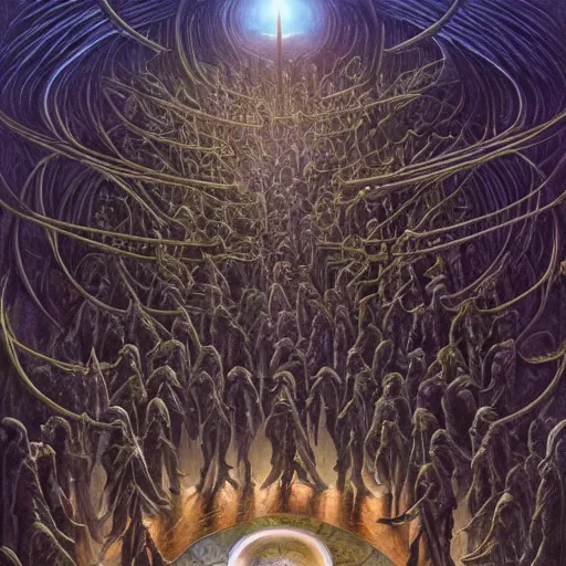 Image similar to a dark cabal of hooded elven mystics gathered in a circular formation around highly advanced alien computer technology processing the souls of the dead, dan seagrave art, michael whelan