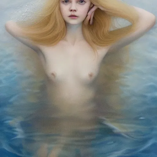 Image similar to Painting of Elle Fanning underwater, long blonde hair, delicate, pale milky white porcelain skin, by Johannes Vormeer. 8K. Extremely detailed.