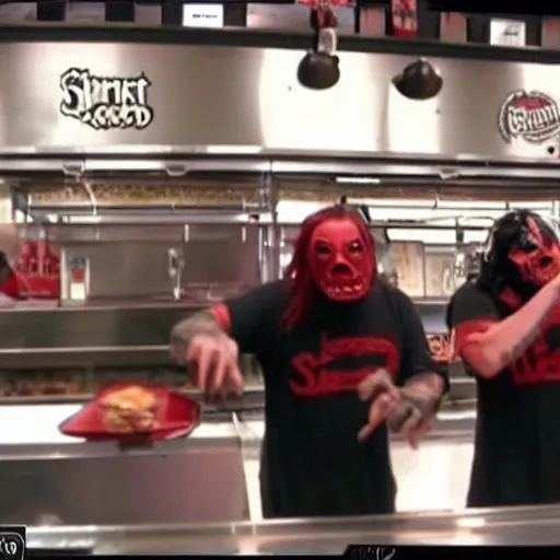 Image similar to a movie screenshot, slipknot band members working in a fast food restaurant, high quality, high detail