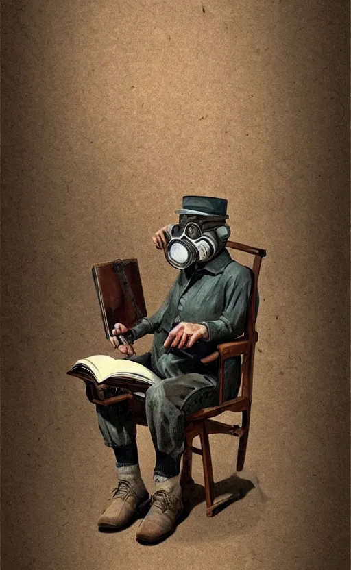 Prompt: old man, work, vintage dress, sittin, chair, book, gasmask, do what we can, then leave it to god, non fiction, stability, intricate, elegant, 8 k uhd, justify content center, artstation, concept art, matte, sharp focus, illustration, art by paul lung