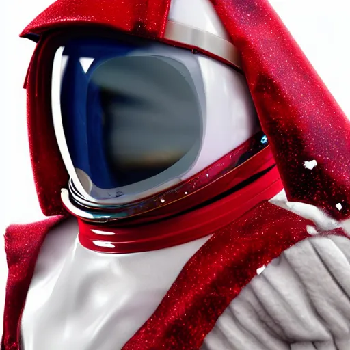 Image similar to a young female space cadet wearing blood-spattered glossy sleek white dinged scuffed armor and a long torn red cape, spacewalk, weightlessness, frost damage, background of stars, elegant, battle weary, no helmet, dramatic lighting, cinematic, sci-fi, hyperrealistic, detailed