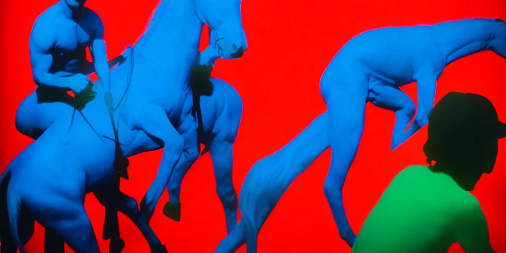 Prompt: color photograph men riding horses blue skin red light wide open vista 1 2 0 mm film highly detailed sharp zeiss lens 1. 8 high contrast chiaroscuro insane quality masterpiece detailed photograph by gottfried helnwein ryan mcginley robert mapplethorpe david armstrong david wojnarowicz