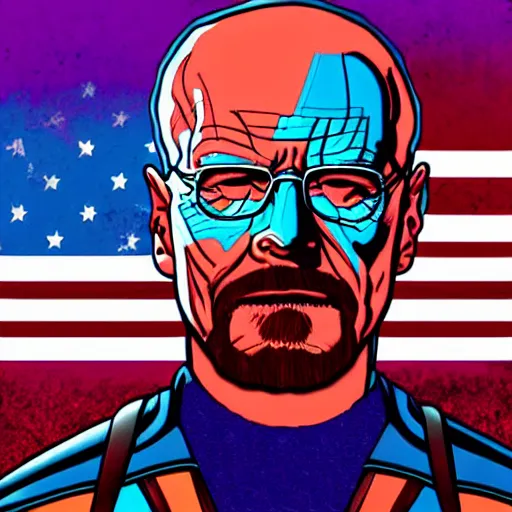 Prompt: Synthwave digital art of Walter White eating Captain America themed cake