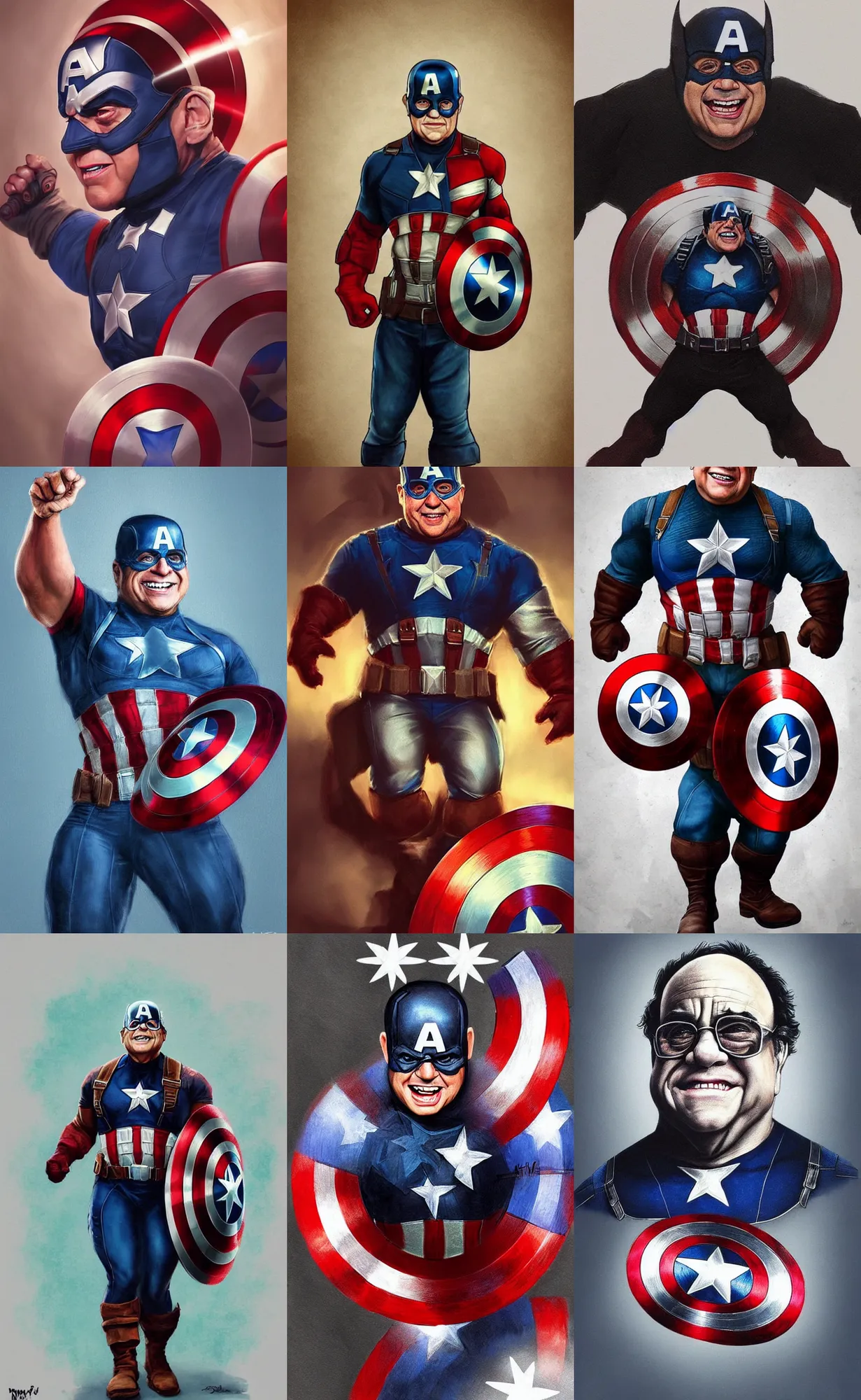 Prompt: a beautiful rendering of Danny Devito as captain America by nick Silva, trending on artstation, instagram
