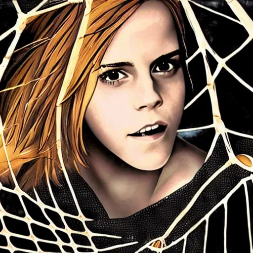 Prompt: emma watson hanging from and trapped in a giant spider web in the style of naruto