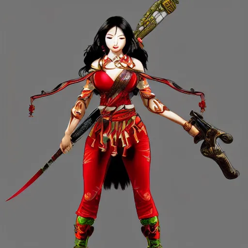 Prompt: beautiful Asian woman with a weapon, full view, character design, warrior outfit, dramatic lighting, by seunghee Lee, by Mark crilley, detailed, artstation, ultra realistic, red and green color scheme