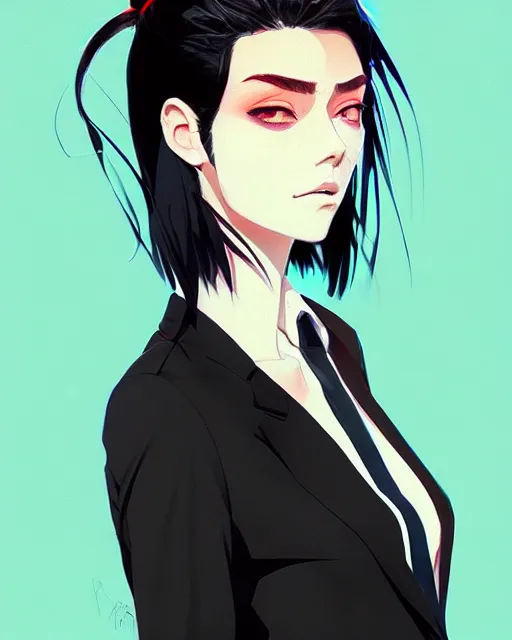 Image similar to a ultradetailed beautiful panting of a stylish woman wearing a shirt with a tie, she has black hair, by conrad roset, greg rutkowski and makoto shinkai, trending on artstation