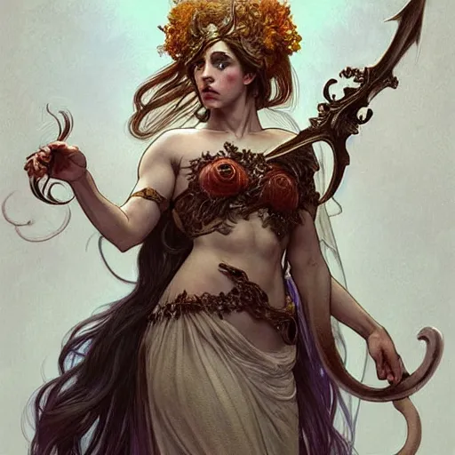 Image similar to a potato eilish as the roman goddess of chaos!! intricate elegant, highly detailed, digital painting, artstation, concept art, smooth, sharp focus, illustration, art by ( ( ( artgerm ) ) ) and greg rutkowski! and ( ( alphonse mucha ) ), heavily influenced by frank frazetta and boris vallejo, sword and sorcery