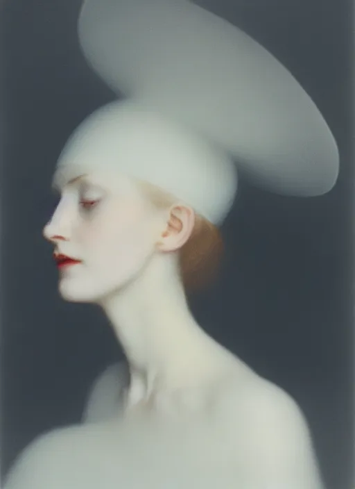 Image similar to out of focus photorealistic portrait of a beautiful pale young woman by sarah moon, very blurry, translucent white skin, closed eyes, foggy, closeup, with a weird hat