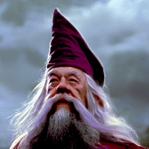 Prompt: gandalf with a pink bowtie on his head, movie still from Lord of the Rings