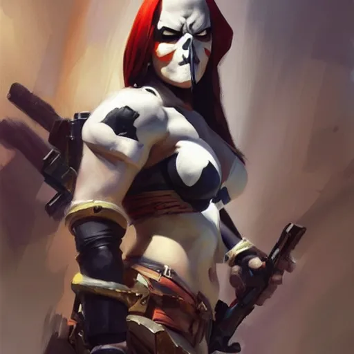 Prompt: greg manchess portrait painting of a female punisher kratos as overwatch character, medium shot, asymmetrical, profile picture, organic painting, sunny day, matte painting, bold shapes, hard edges, street art, trending on artstation, by huang guangjian and gil elvgren and sachin teng