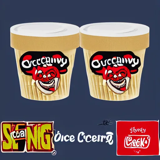 Prompt: screaming chucky doll ice cream box logo